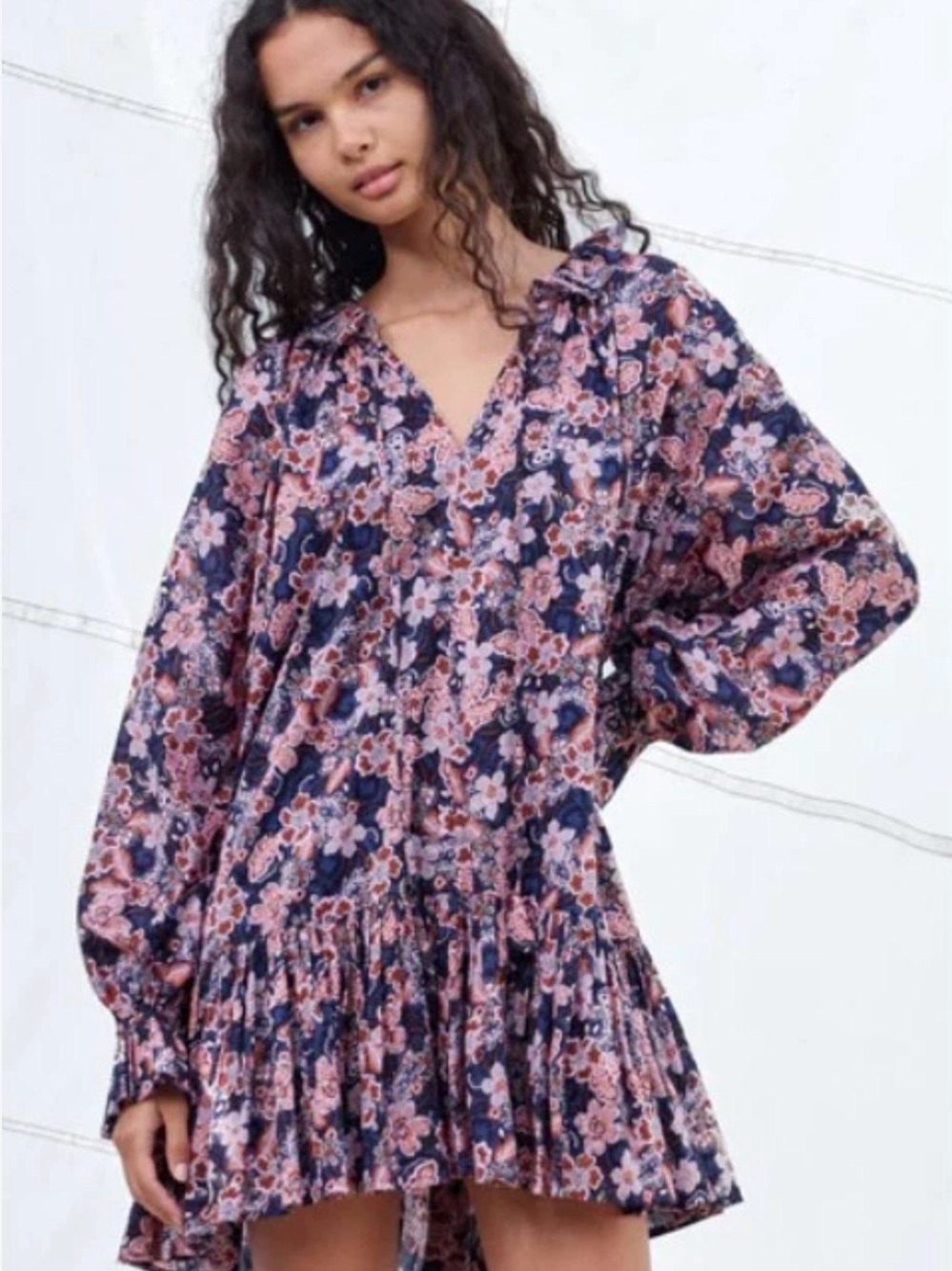 Sundry Navy & Pink Floral V-Neck Mini Dress